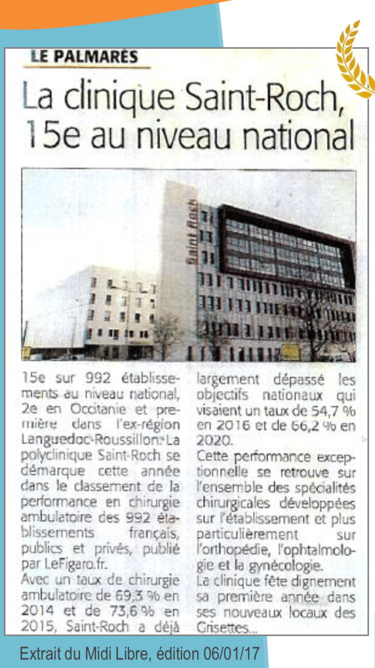 Clinique Saint ROCH au 15ème rang du classement National